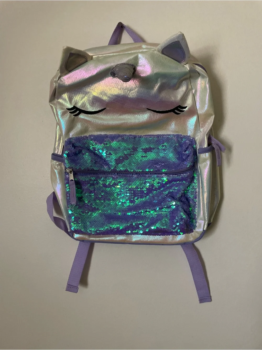 Iridescent Unicorn Kids Backpack with Purple Sequin Pocket